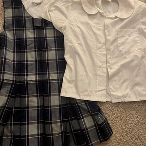 Girls' White Peter Pan Collar Blouse with Navy Plaid Skirt
